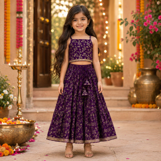 The Magic Wand Woven Strappy Leaf Printed Laced Lehenga Choli Set - Purple