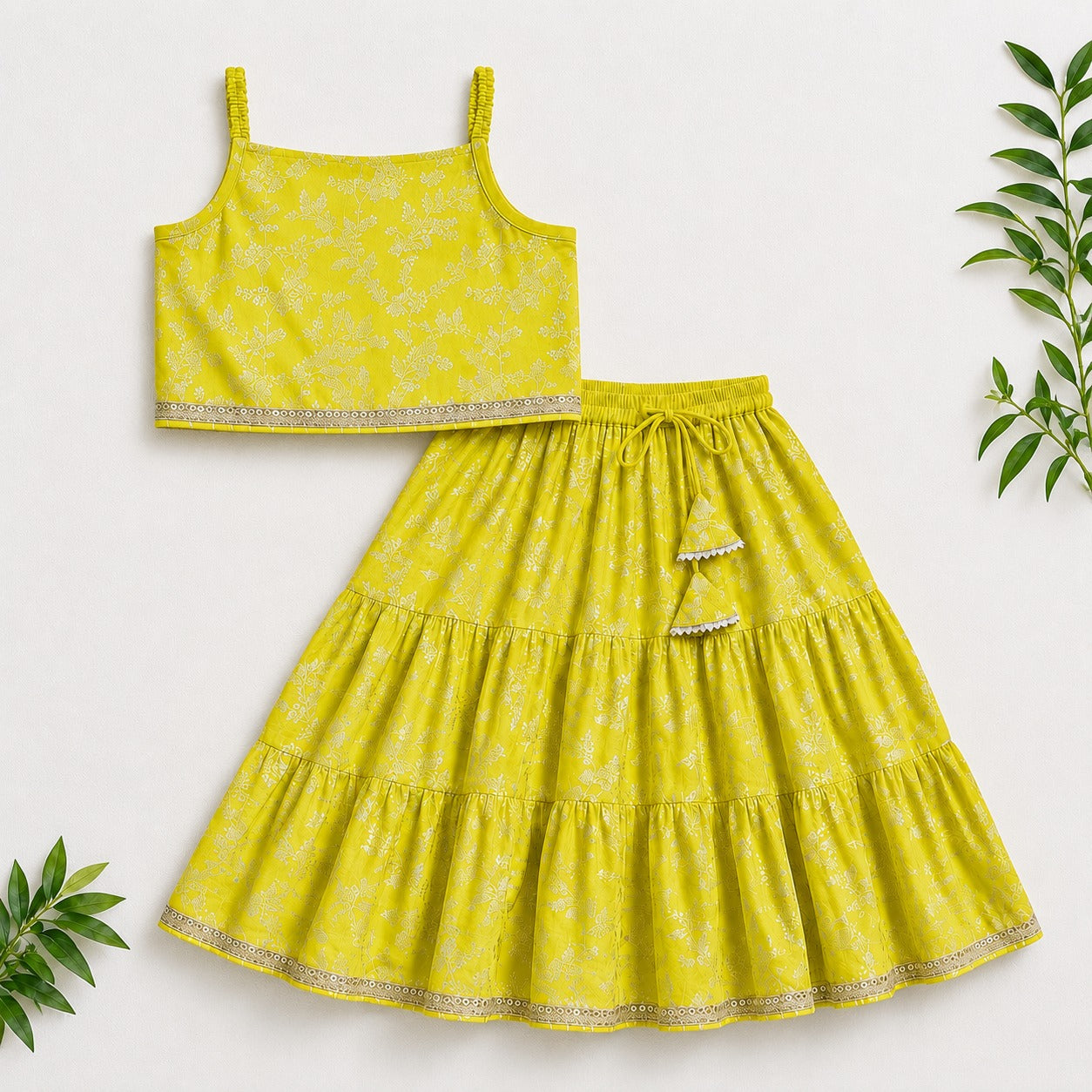The Magic Wand Woven Strappy Leaf Printed Laced Lehenga Choli Set - Yellow