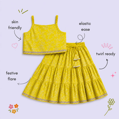 The Magic Wand Woven Strappy Leaf Printed Laced Lehenga Choli Set - Yellow