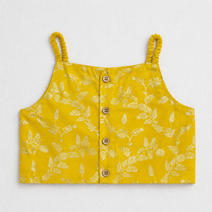 The Magic Wand Woven Strappy Leaf Printed Laced Lehenga Choli Set - Yellow