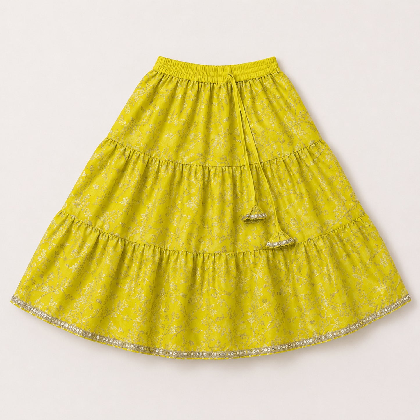 The Magic Wand Woven Strappy Leaf Printed Laced Lehenga Choli Set - Yellow