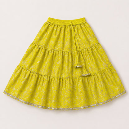 The Magic Wand Woven Strappy Leaf Printed Laced Lehenga Choli Set - Yellow