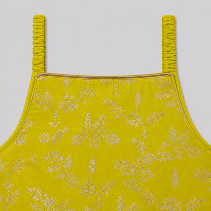 The Magic Wand Woven Strappy Leaf Printed Laced Lehenga Choli Set - Yellow