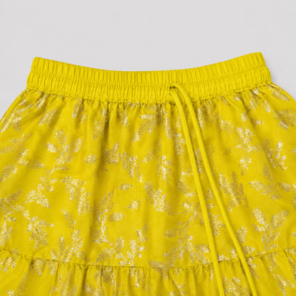 The Magic Wand Woven Strappy Leaf Printed Laced Lehenga Choli Set - Yellow