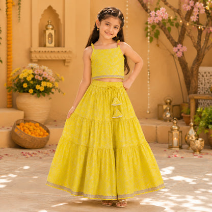 The Magic Wand Woven Strappy Leaf Printed Laced Lehenga Choli Set - Yellow