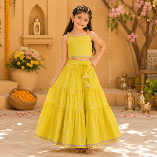 The Magic Wand Woven Strappy Leaf Printed Laced Lehenga Choli Set - Yellow