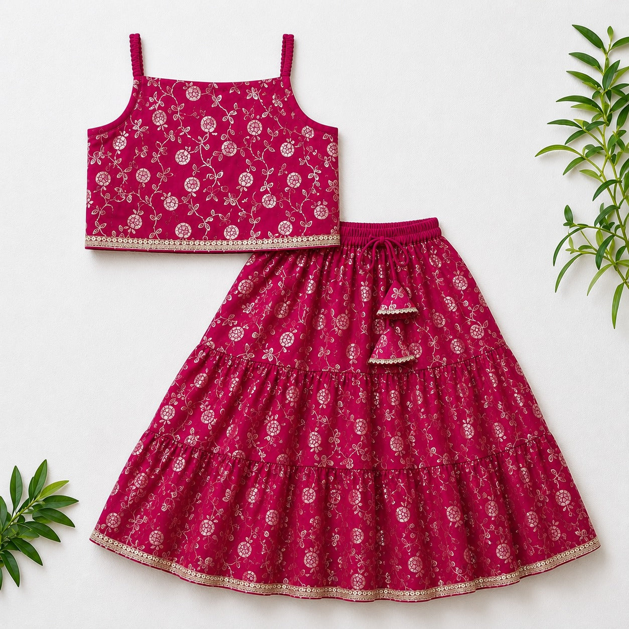 The Magic Wand Woven Strappy Buti Printed Laced Lehenga Choli Set - Fuchsia