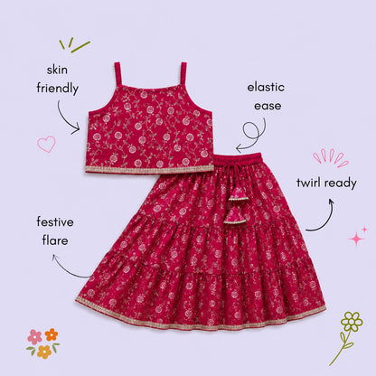 The Magic Wand Woven Strappy Buti Printed Laced Lehenga Choli Set - Fuchsia