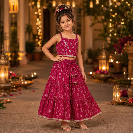 The Magic Wand Woven Strappy Buti Printed Laced Lehenga Choli Set - Fuchsia