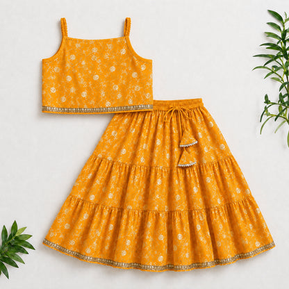 The Magic Wand Woven Strappy Buti Printed Laced Lehenga Choli Set - Mustard