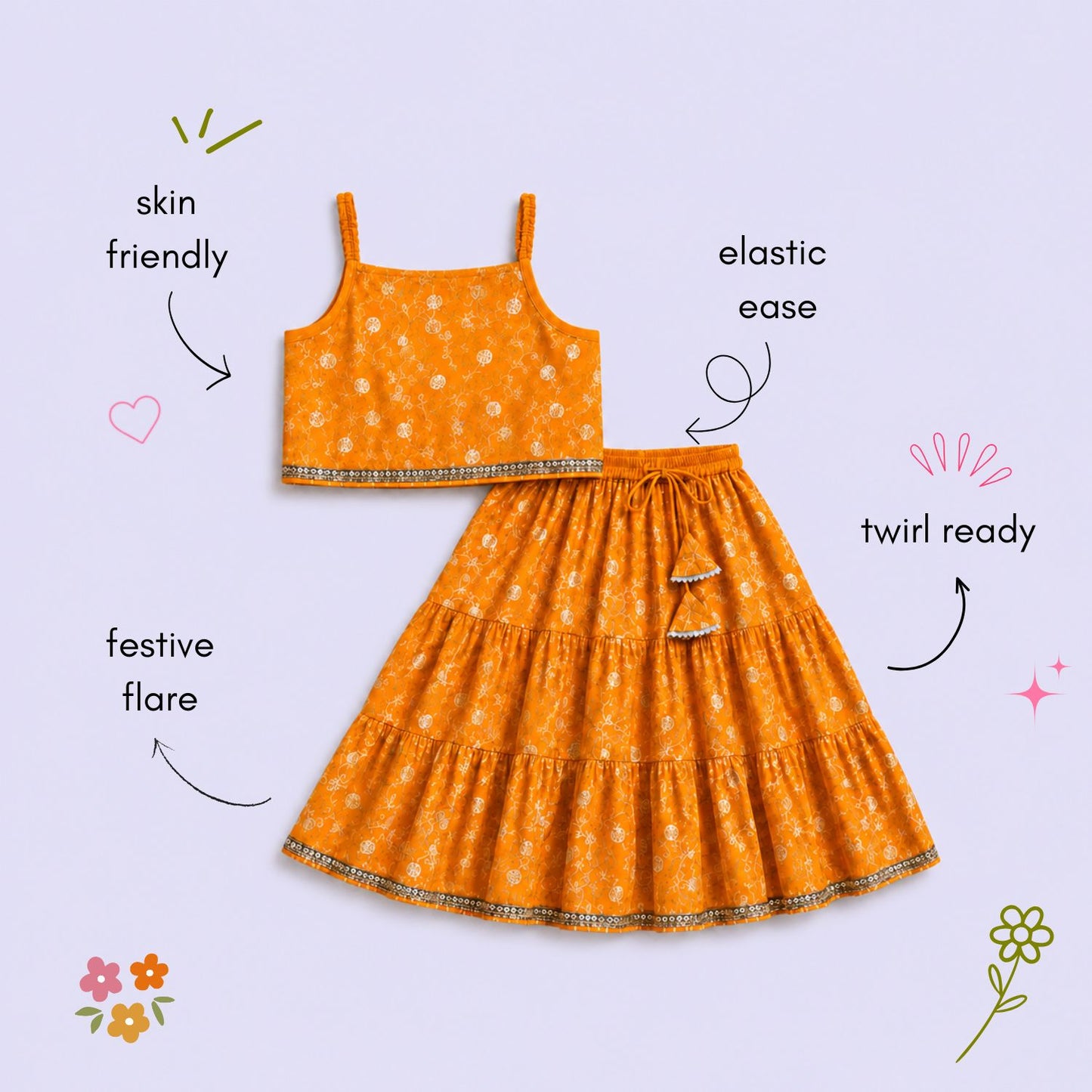 The Magic Wand Woven Strappy Buti Printed Laced Lehenga Choli Set - Mustard