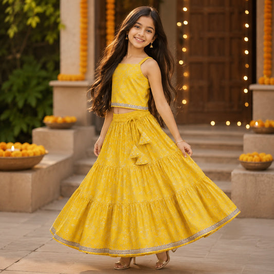 The Magic Wand Woven Strappy Buti Printed Laced Lehenga Choli Set - Mustard