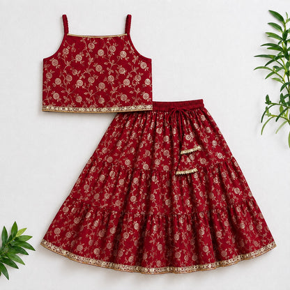 The Magic Wand Woven Strappy Buti Printed Laced Lehenga Choli Set - Red
