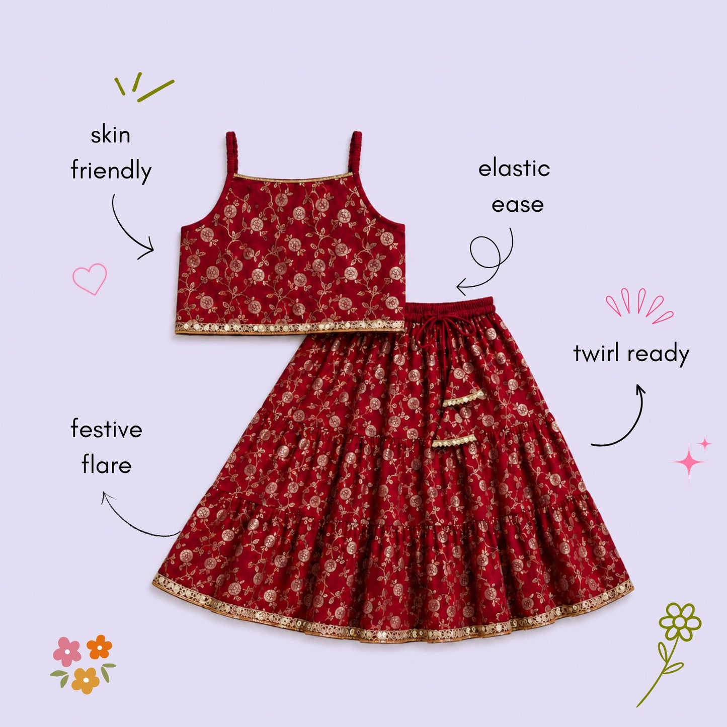 The Magic Wand Woven Strappy Buti Printed Laced Lehenga Choli Set - Red