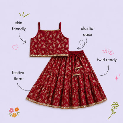 The Magic Wand Woven Strappy Buti Printed Laced Lehenga Choli Set - Red