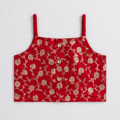 The Magic Wand Woven Strappy Buti Printed Laced Lehenga Choli Set - Red