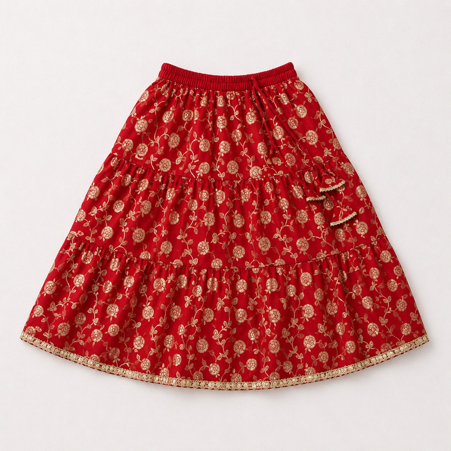 The Magic Wand Woven Strappy Buti Printed Laced Lehenga Choli Set - Red