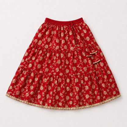 The Magic Wand Woven Strappy Buti Printed Laced Lehenga Choli Set - Red