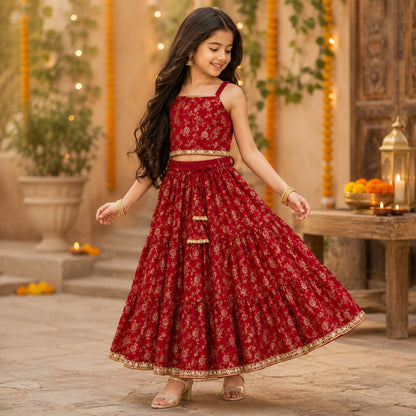 The Magic Wand Woven Strappy Buti Printed Laced Lehenga Choli Set - Red