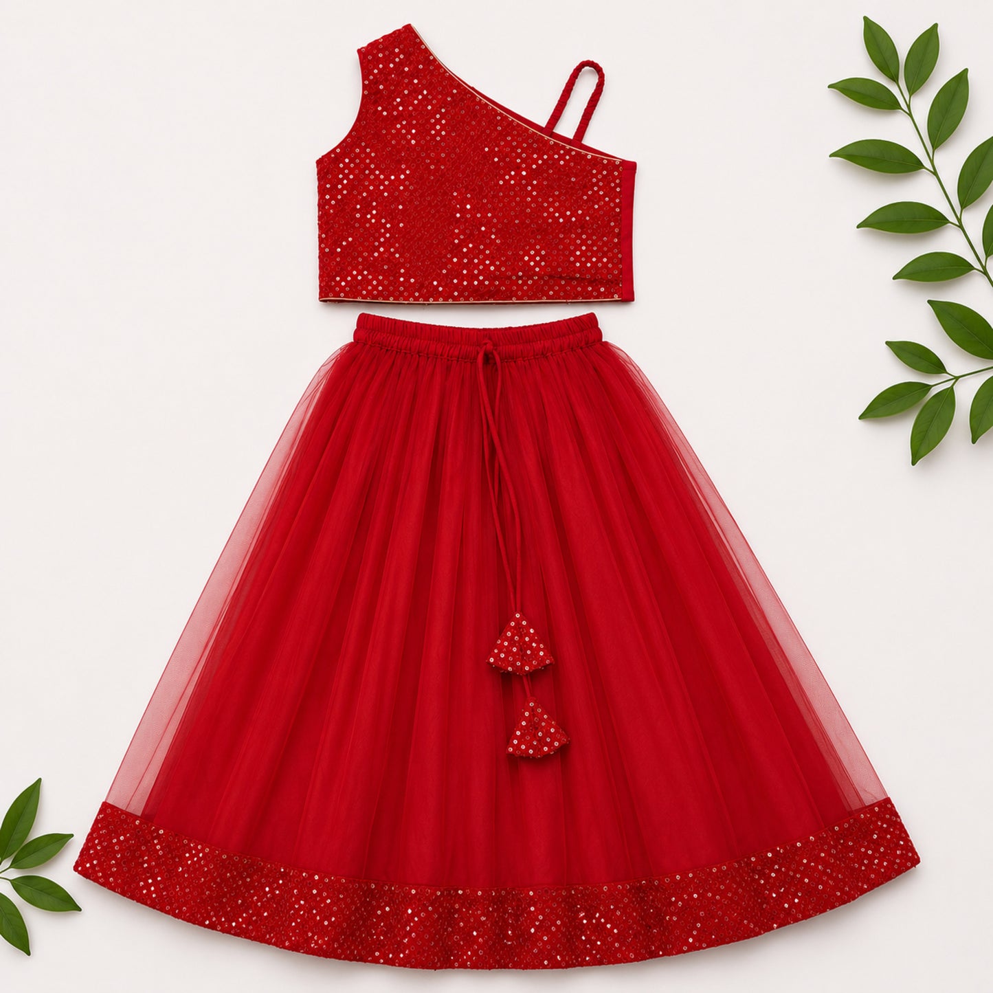 The Magic Wand One Shoulder Sequin Embroidered Top And Skirt Set - Red