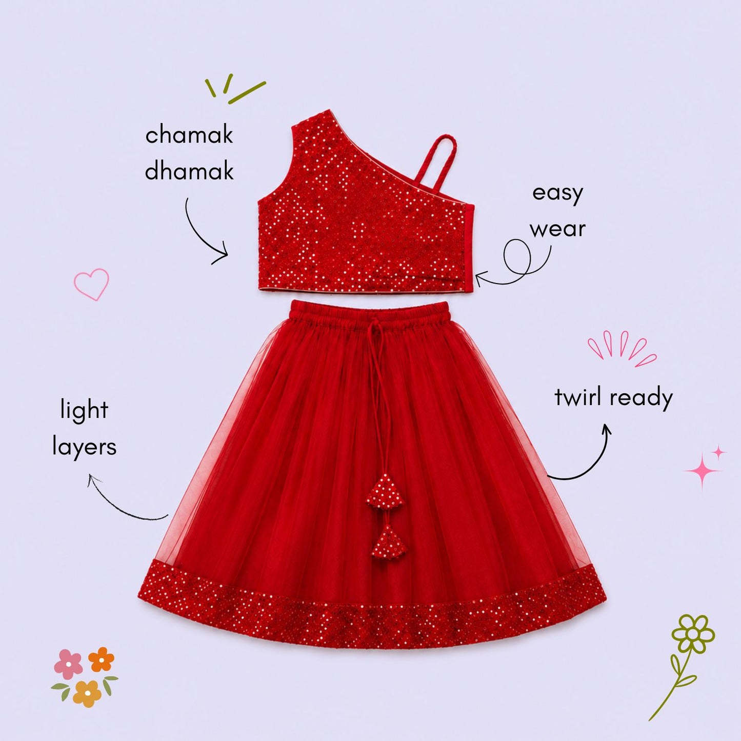 The Magic Wand One Shoulder Sequin Embroidered Top And Skirt Set - Red