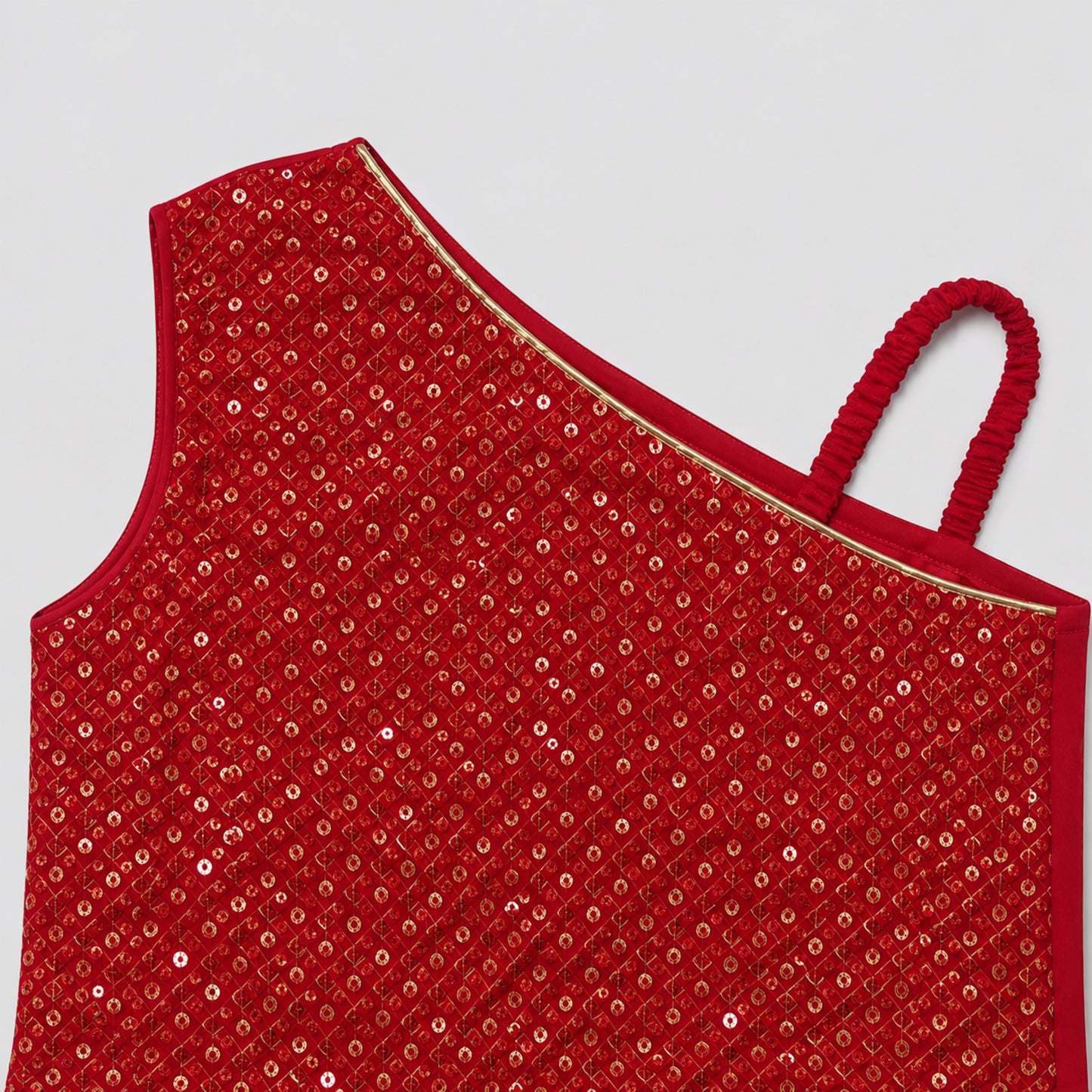 The Magic Wand One Shoulder Sequin Embroidered Top And Skirt Set - Red