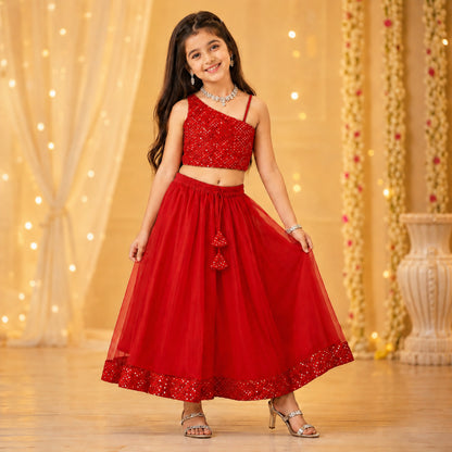 The Magic Wand One Shoulder Sequin Embroidered Top And Skirt Set - Red