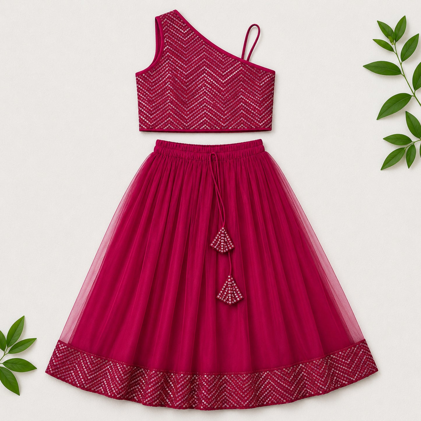 The Magic Wand One Shoulder Sequin Embroidered Top And Skirt Set - Fuchsia