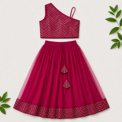 The Magic Wand One Shoulder Sequin Embroidered Top And Skirt Set - Fuchsia