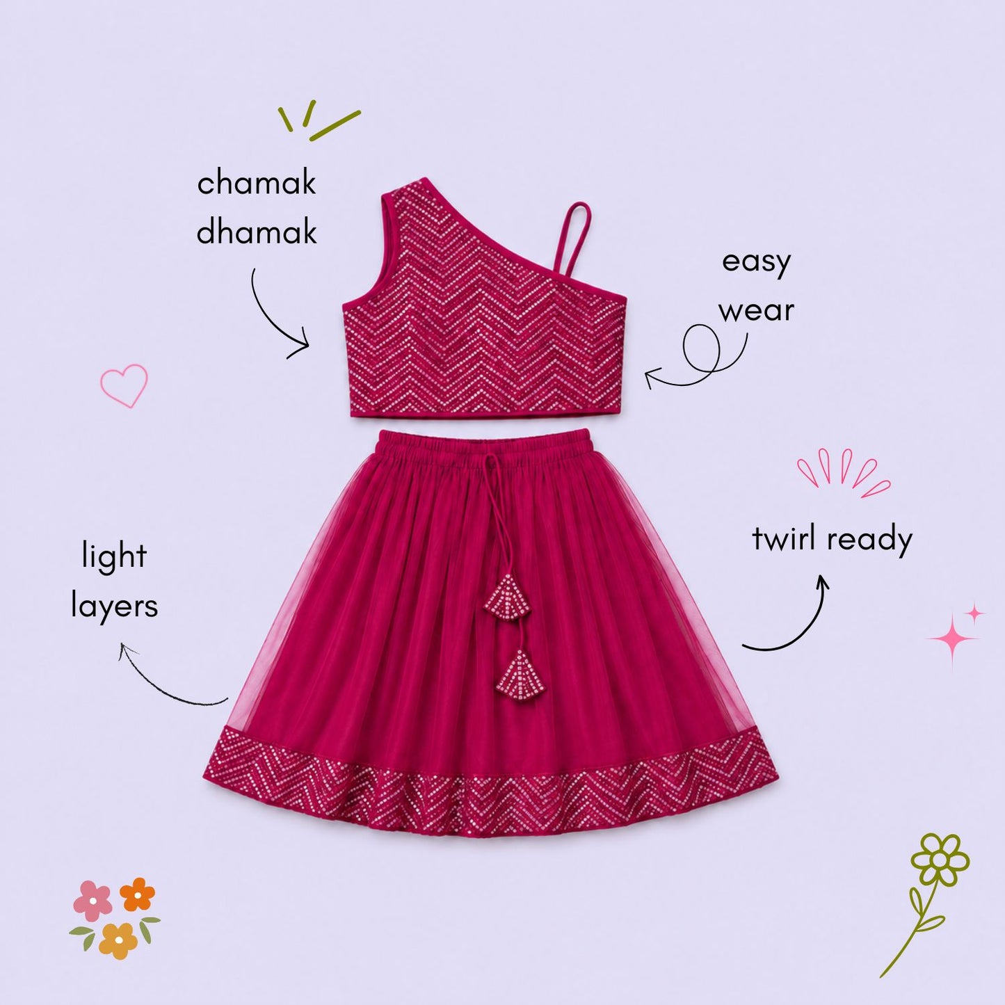 The Magic Wand One Shoulder Sequin Embroidered Top And Skirt Set - Fuchsia