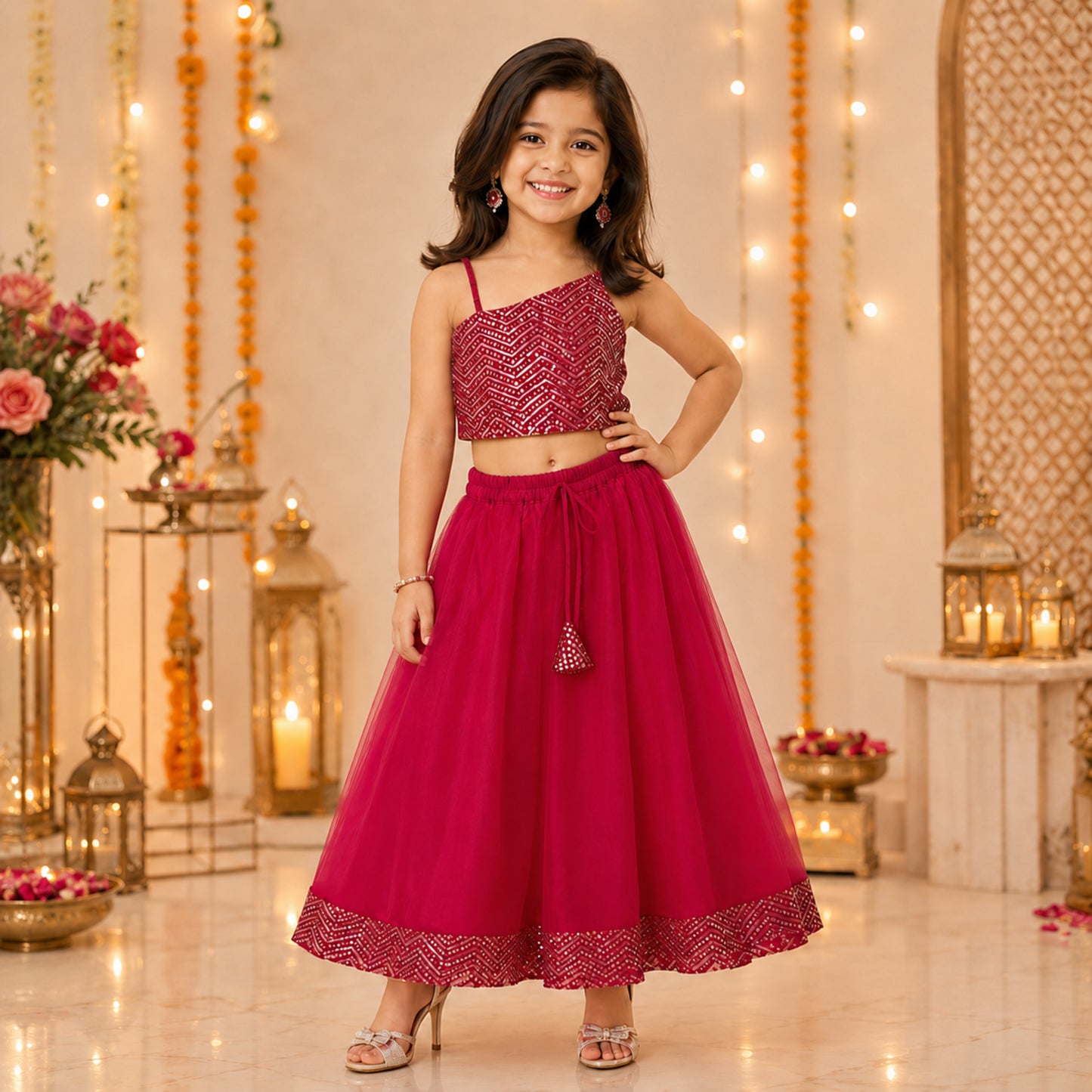 The Magic Wand One Shoulder Sequin Embroidered Top And Skirt Set - Fuchsia