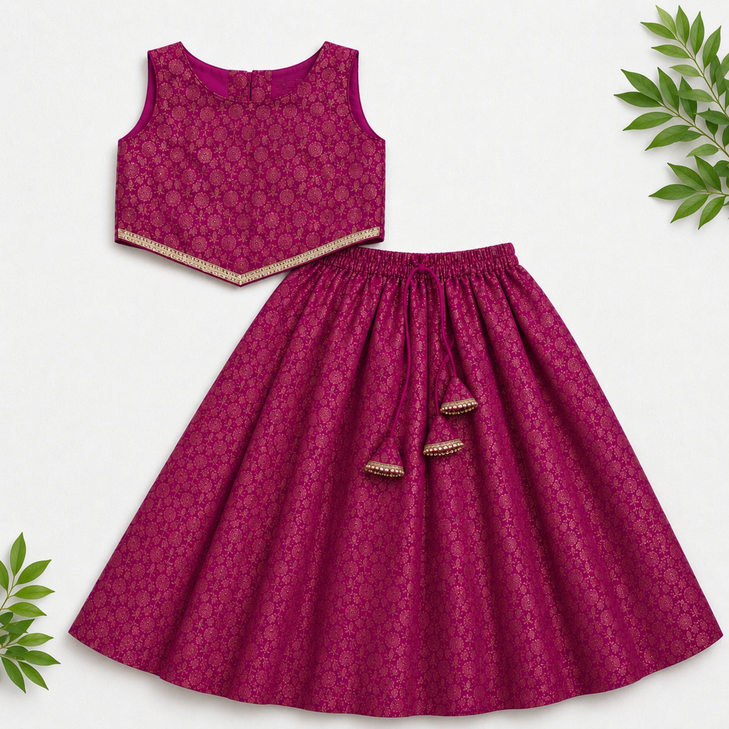 The Magic Wand Woven Sleeveless Floral Printed Laced Top And Panel Skirt Set - Fuchsia