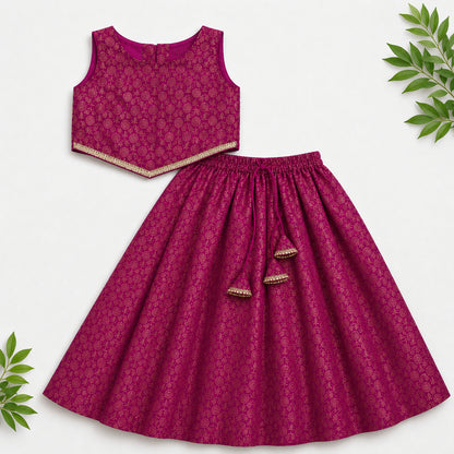 The Magic Wand Woven Sleeveless Floral Printed Laced Top And Panel Skirt Set - Fuchsia