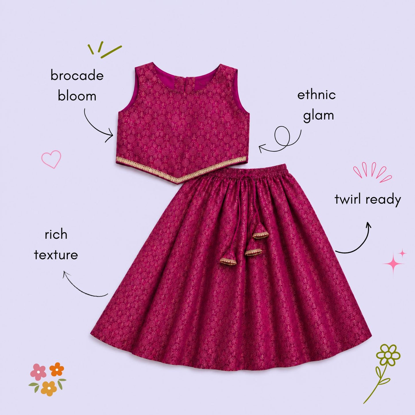 The Magic Wand Woven Sleeveless Floral Printed Laced Top And Panel Skirt Set - Fuchsia