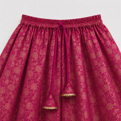 The Magic Wand Woven Sleeveless Floral Printed Laced Top And Panel Skirt Set - Fuchsia