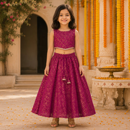 The Magic Wand Woven Sleeveless Floral Printed Laced Top And Panel Skirt Set - Fuchsia