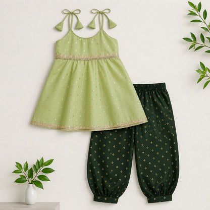 The Magic Wand Woven Shoulder Tie-Up Foil Printed Laced Kurti And Afghani Pant Set - Green