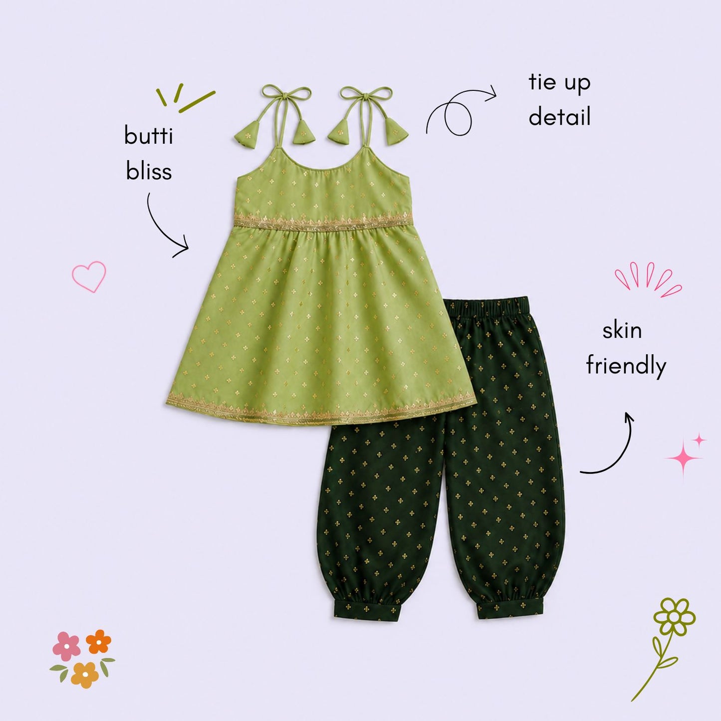 The Magic Wand Woven Shoulder Tie-Up Foil Printed Laced Kurti And Afghani Pant Set - Green
