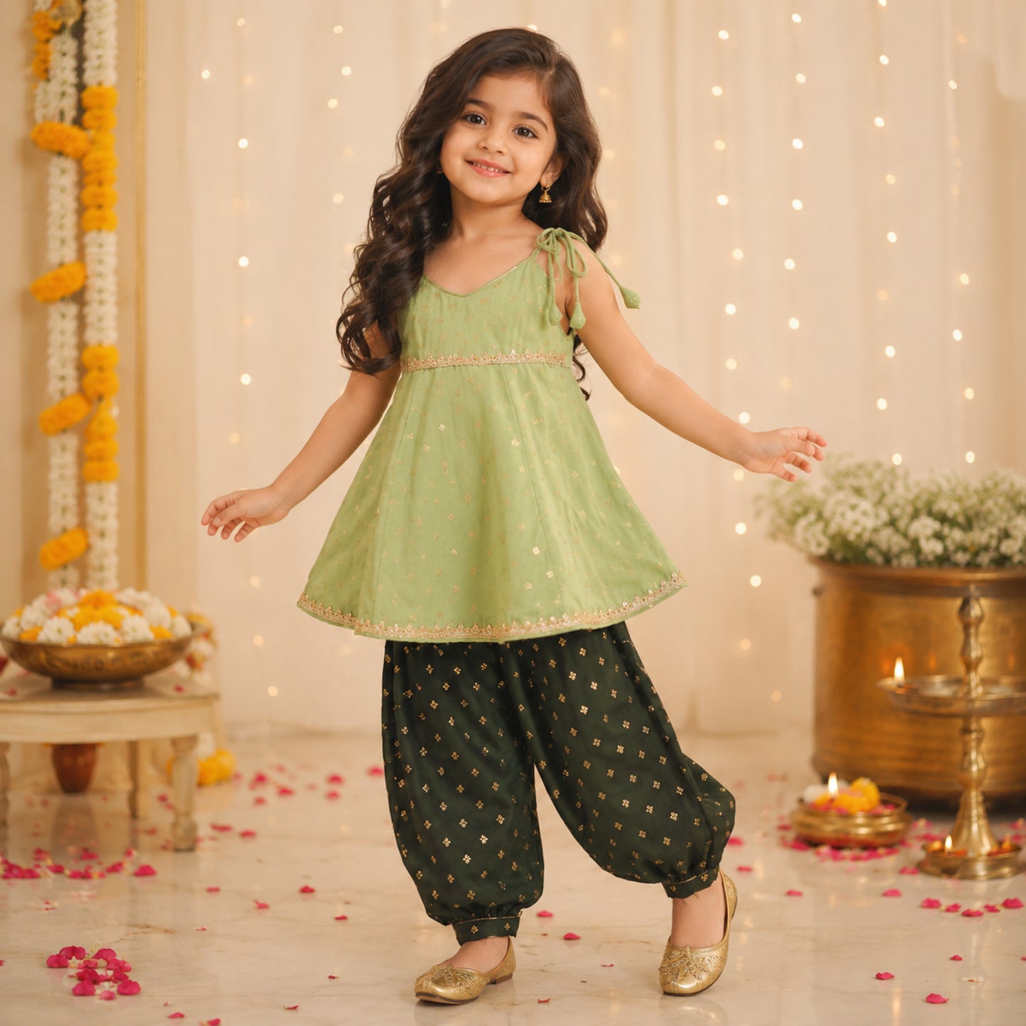 The Magic Wand Woven Shoulder Tie-Up Foil Printed Laced Kurti And Afghani Pant Set - Green