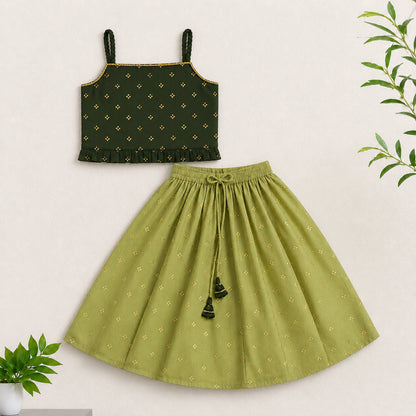The Magic Wand Woven Strappy Foil Printed Lehenga Choli Set - Green