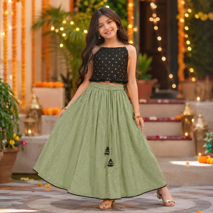 The Magic Wand Woven Strappy Foil Printed Lehenga Choli Set - Green