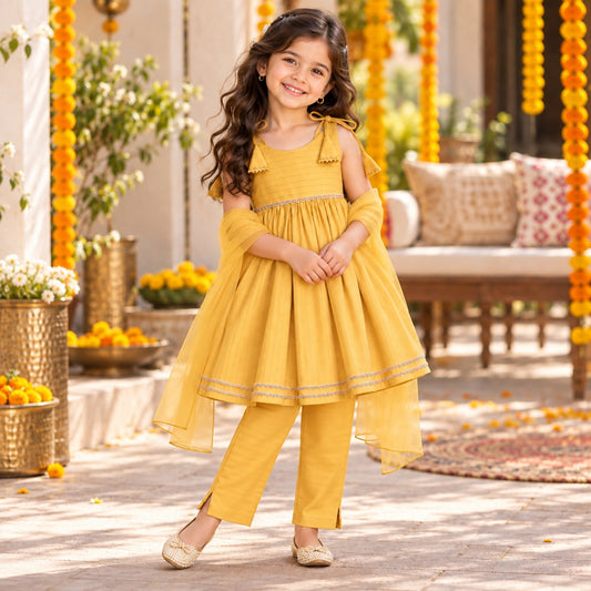The Magic Wand Woven Shoulder Tie-Up Laced Zari Stripe Kurti And Pant Set With Dupatta - Yellow