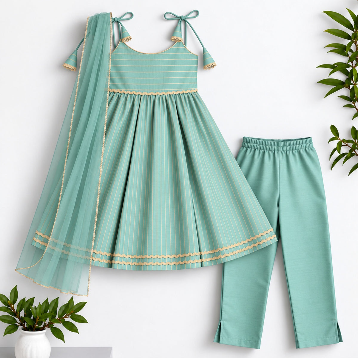 The Magic Wand Woven Shoulder Tie-Up Laced Zari Stripe Kurti And Pant Set With Dupatta - Mint Green