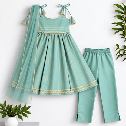 The Magic Wand Woven Shoulder Tie-Up Laced Zari Stripe Kurti And Pant Set With Dupatta - Mint Green