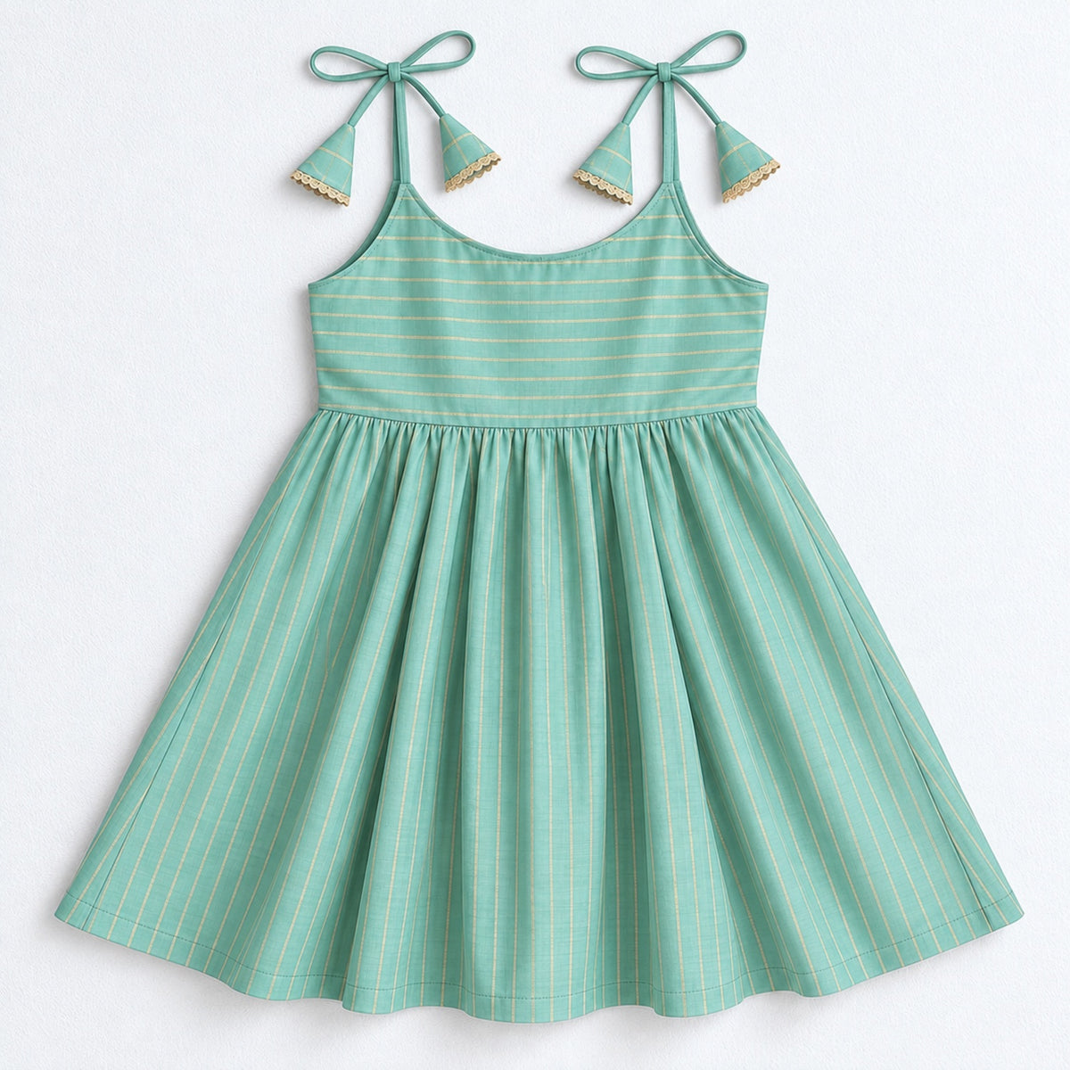 The Magic Wand Woven Shoulder Tie-Up Laced Zari Stripe Kurti And Pant Set With Dupatta - Mint Green