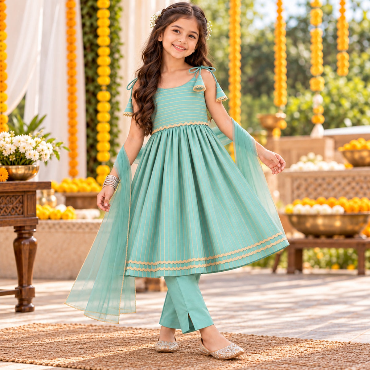 The Magic Wand Woven Shoulder Tie-Up Laced Zari Stripe Kurti And Pant Set With Dupatta - Mint Green