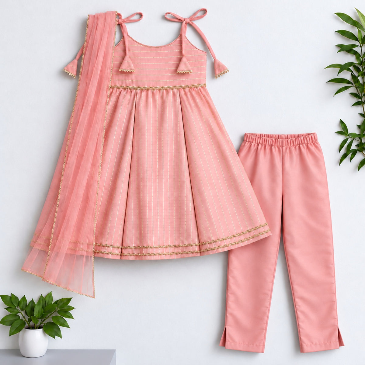 The Magic Wand Woven Shoulder Tie-Up Laced Zari Stripe Kurti And Pant Set With Dupatta - Light Pink