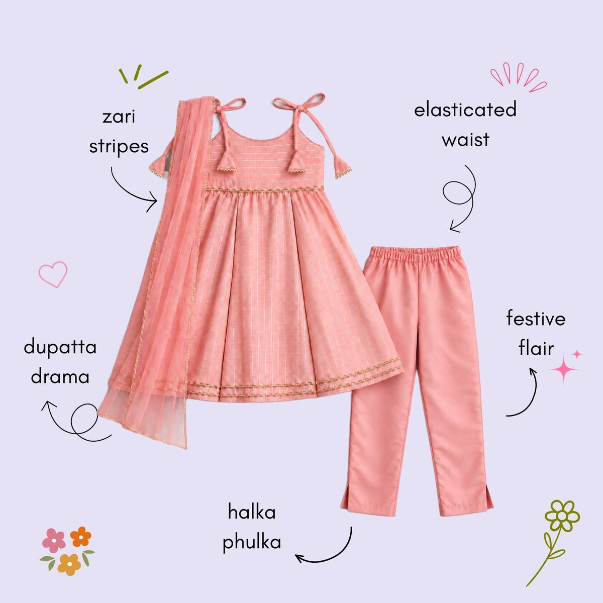 The Magic Wand Woven Shoulder Tie-Up Laced Zari Stripe Kurti And Pant Set With Dupatta - Light Pink