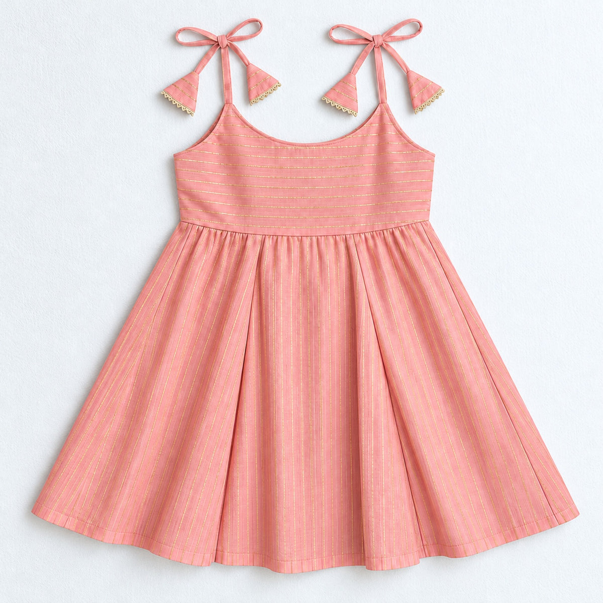 The Magic Wand Woven Shoulder Tie-Up Laced Zari Stripe Kurti And Pant Set With Dupatta - Light Pink