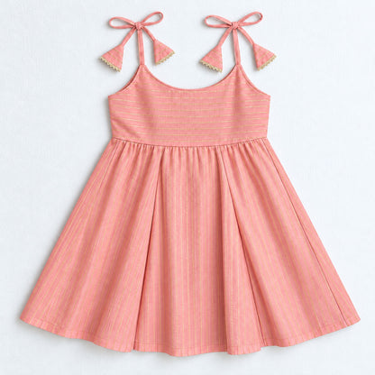 The Magic Wand Woven Shoulder Tie-Up Laced Zari Stripe Kurti And Pant Set With Dupatta - Light Pink